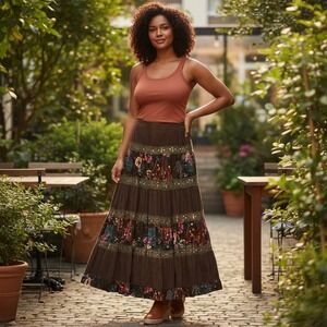 VTG 90s Womens Skirt S Brown Corduroy Floral Peasant Tiered Maxi Boho Festival